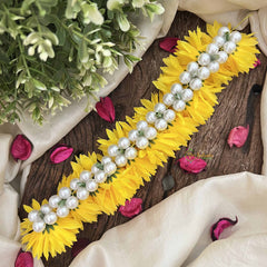 Vriksham Bright Yellow Marigold Style Artificial Gajra With Pearls Coted Flower Accessories-H1182