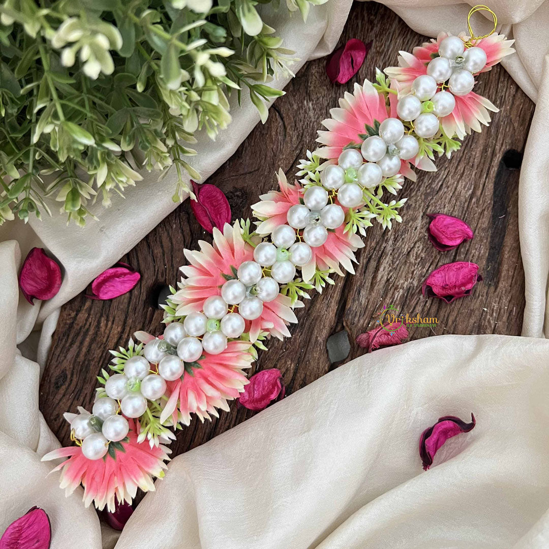 Vriksham Light Orange & Leaf Style Artificial Gajra With Pearls Coted Flower Accessories-H1189