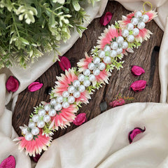 Vriksham Light Orange & Leaf Style Artificial Gajra With Pearls Coted Flower Accessories-H1189