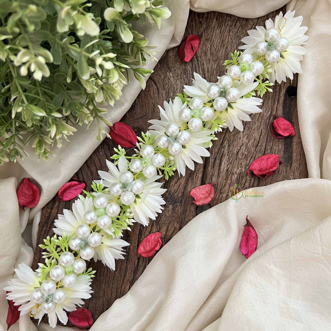 Vriksham Elegant White Style Artificial Gajra With Pearls Coted Flower Accessories-H1186
