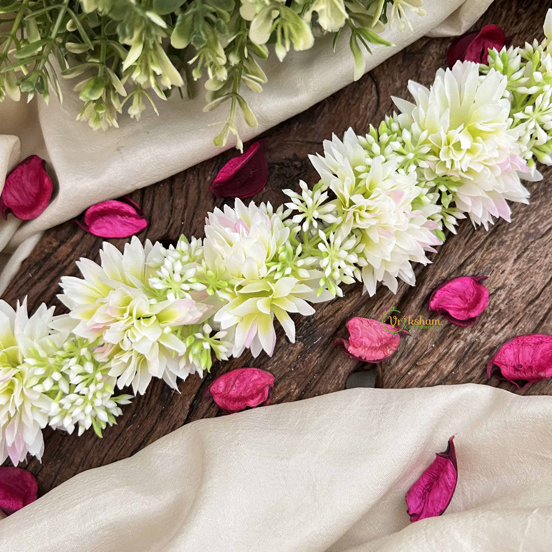 Vriksham White With Soft Pink Tint Style Artificial Gajra With Pearls Coted Flower Accessories-H1185