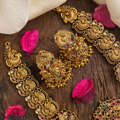 Vriksham Lakshmi Temple With Coin & Peacock Short Neckpiece-Gold Bead-G16466