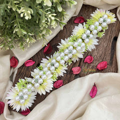 Vriksham White With Soft Pink Tint Style Artificial Gajra With Pearls Coted Flower Accessories-H1185
