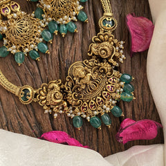 Elegant Lakshmi Pendant High Neck Choker-Green-Green Bead and Pearl-G16539