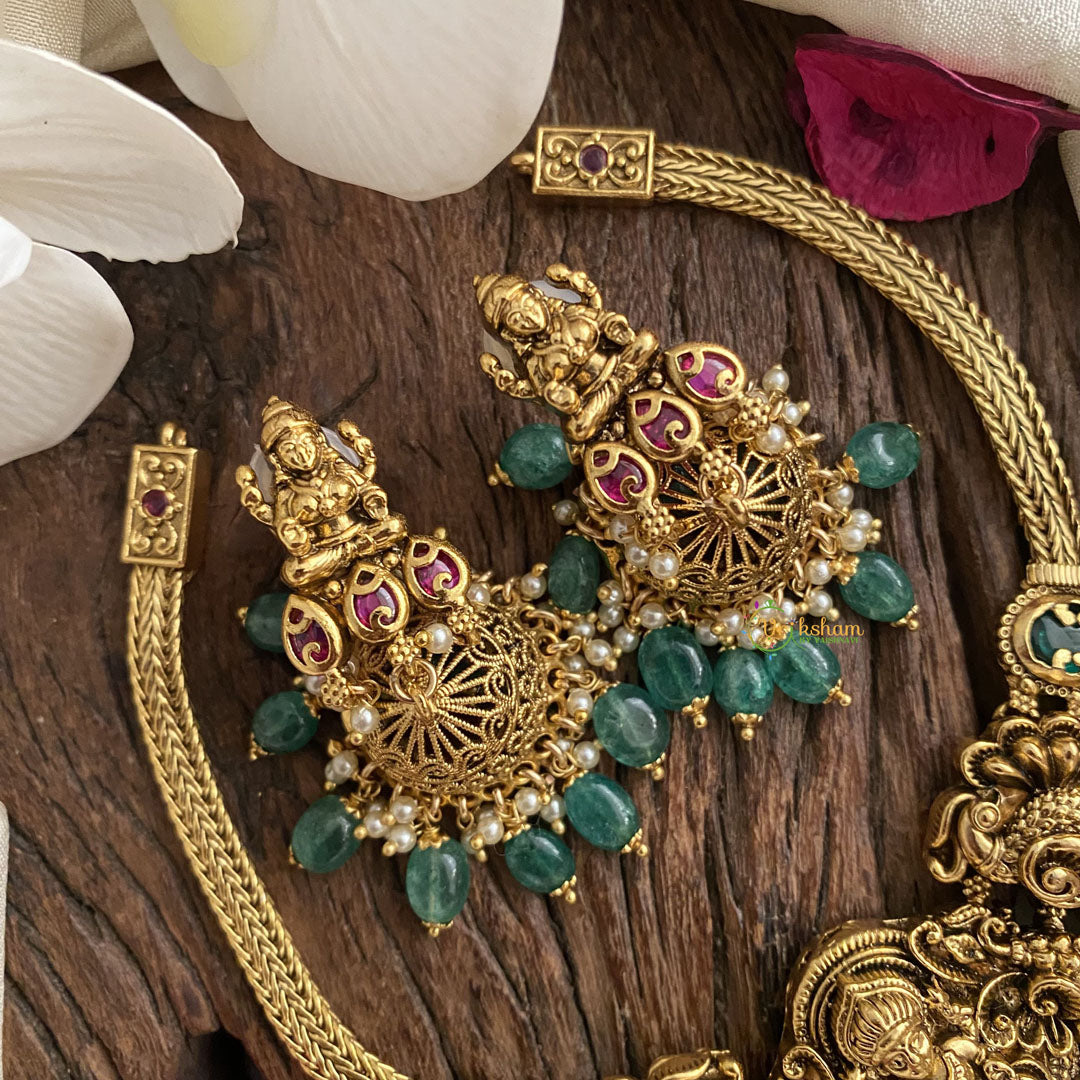 Elegant Lakshmi Pendant High Neck Choker-Green-Green Bead and Pearl-G16539