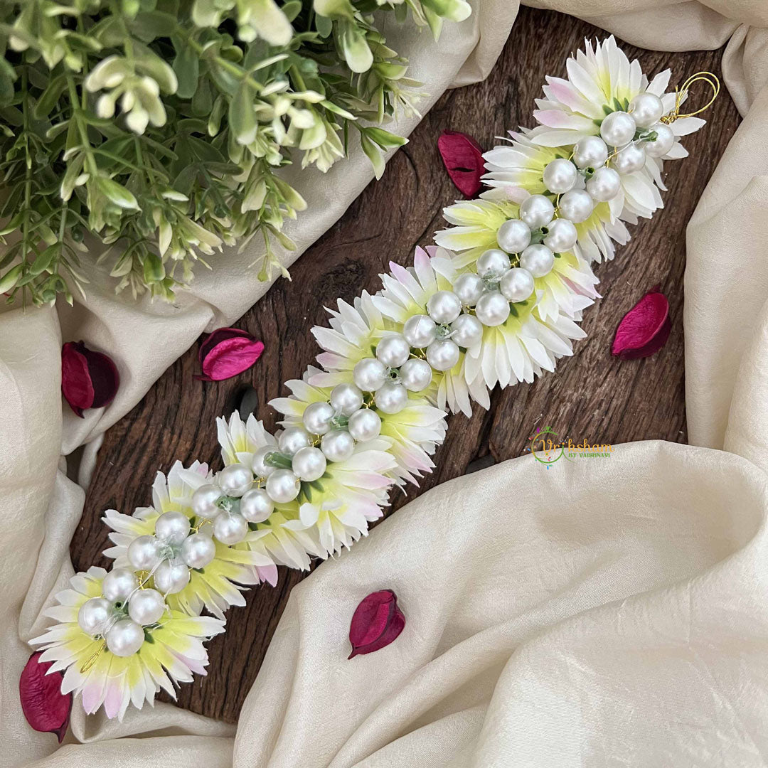 Vriksham Off White With Pink Shade Style Artificial Gajra With Pearls Coted Flower Accessories-H1184