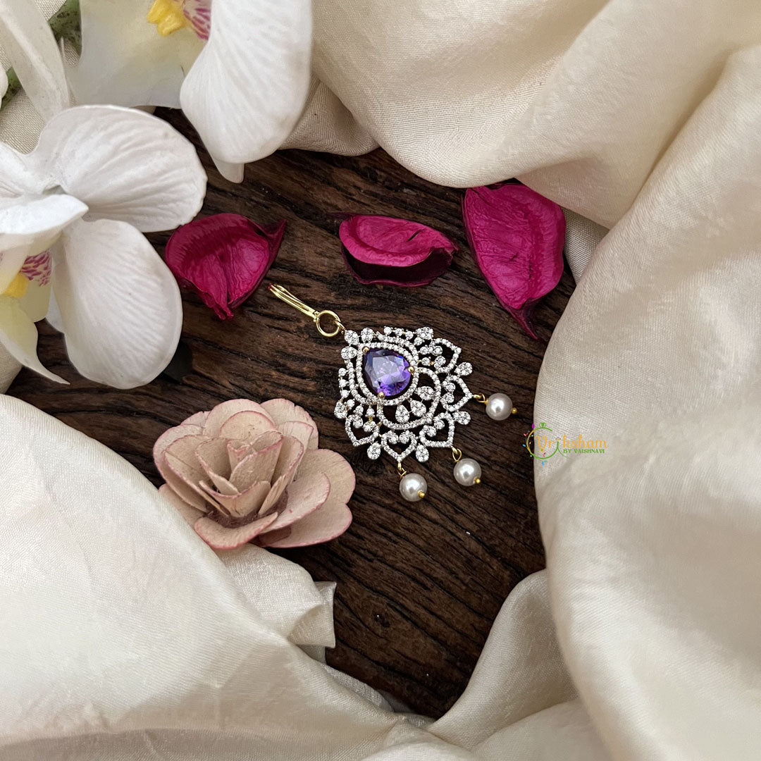 Vriksham Crystal Heart Rosette Bridal AD Stone Maang Tikka-Purple-Pearl-G19480