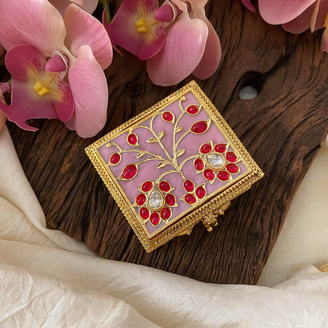 Fancy AD Stone Kumkum Box-Square -Baby Pink-G12501