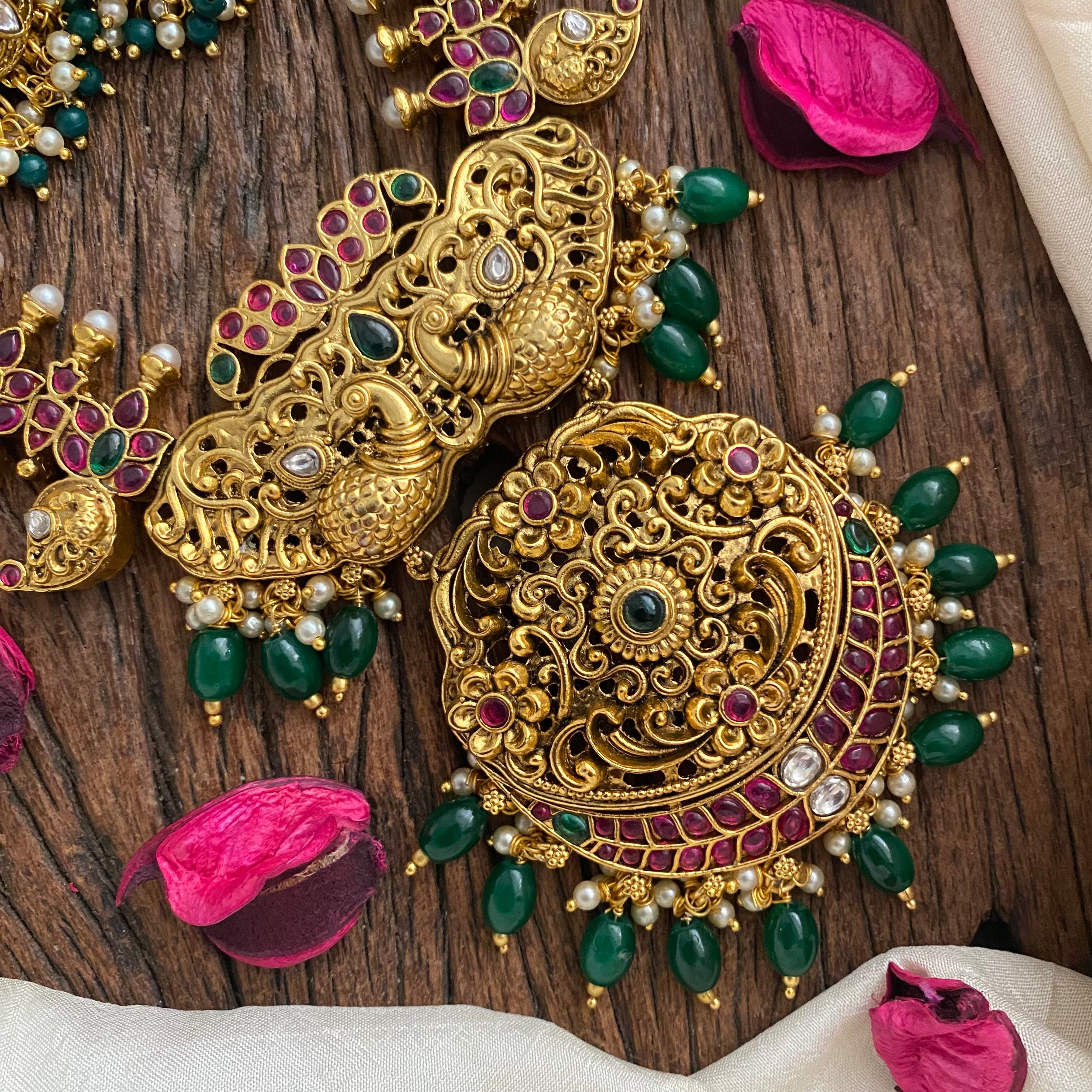 Vriksham Dual Peacock Maanga Short Neckpiece-Green Bead-G12939