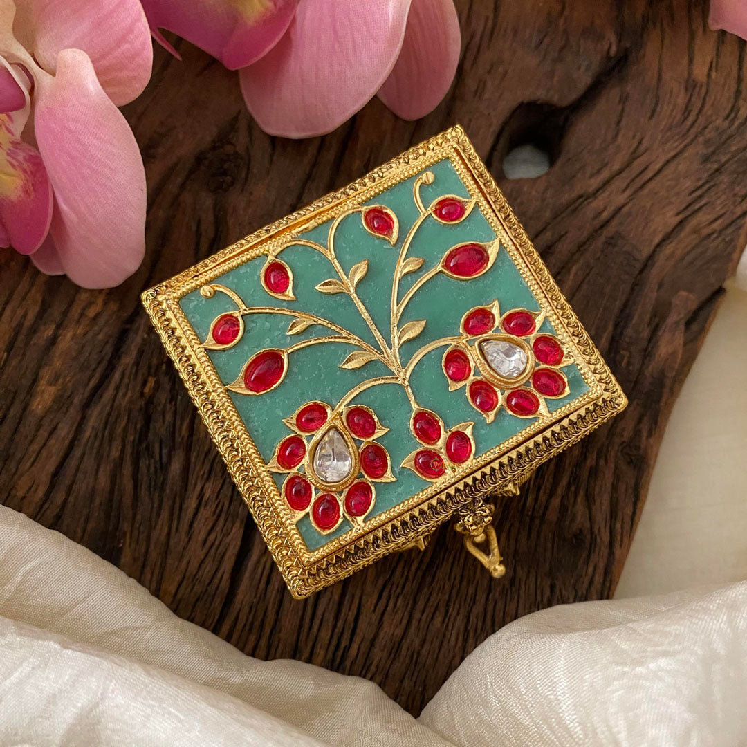 Fancy AD Stone Kumkum Box-Square -Aqua Green-G12500