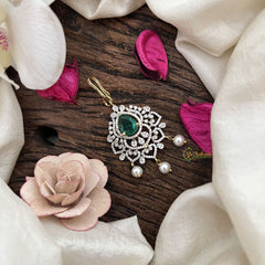 Vriksham Crystal Heart Rosette Bridal AD Stone Maang Tikka-Pastel Green-Pearl-G19479