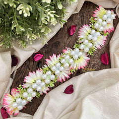 Vriksham Pastel Pink & Leaf Style Artificial Gajra With Pearls Coted Flower Accessories-H1188