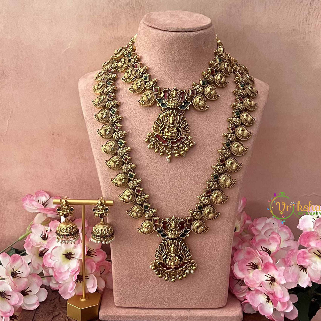 Vriksham Bridal Manga Style Peacock Bridal Set-Red Green-Gold Bead-G21040
