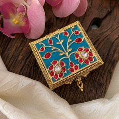 Fancy AD Stone Kumkum Box-Square -Turquoise-G12503