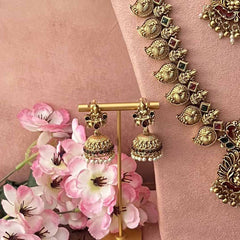 Vriksham Bridal Manga Style Peacock Bridal Set-Red Green-Gold Bead-G21040