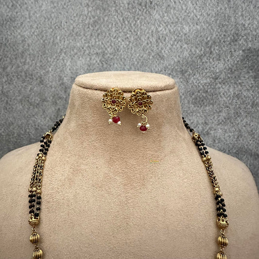 AD Stone Pendant Mangalsutra Chain-Pearl-Red Bead-G13256