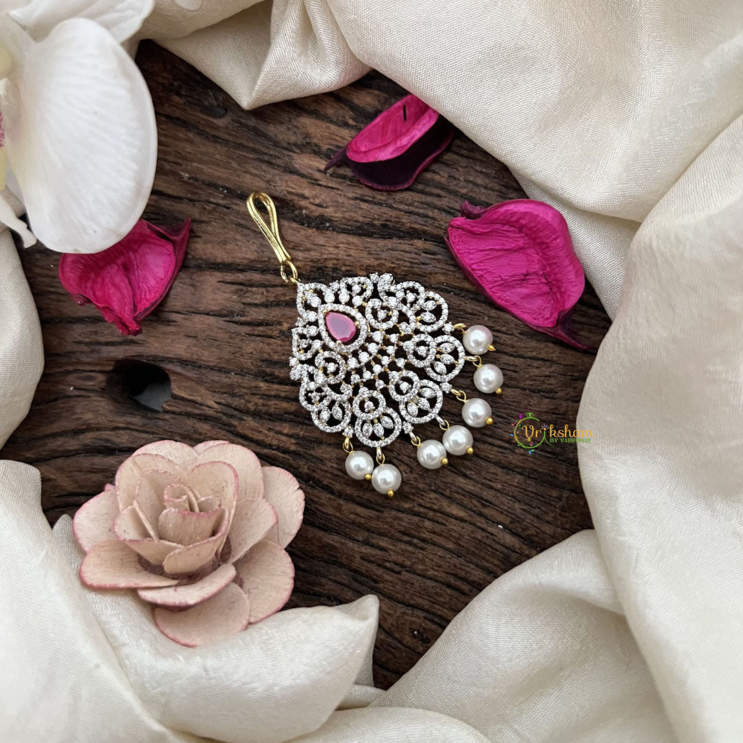 Vriksham Designer Floral Bridal AD Stone Maang Tikka-Red-Pearl-G19481