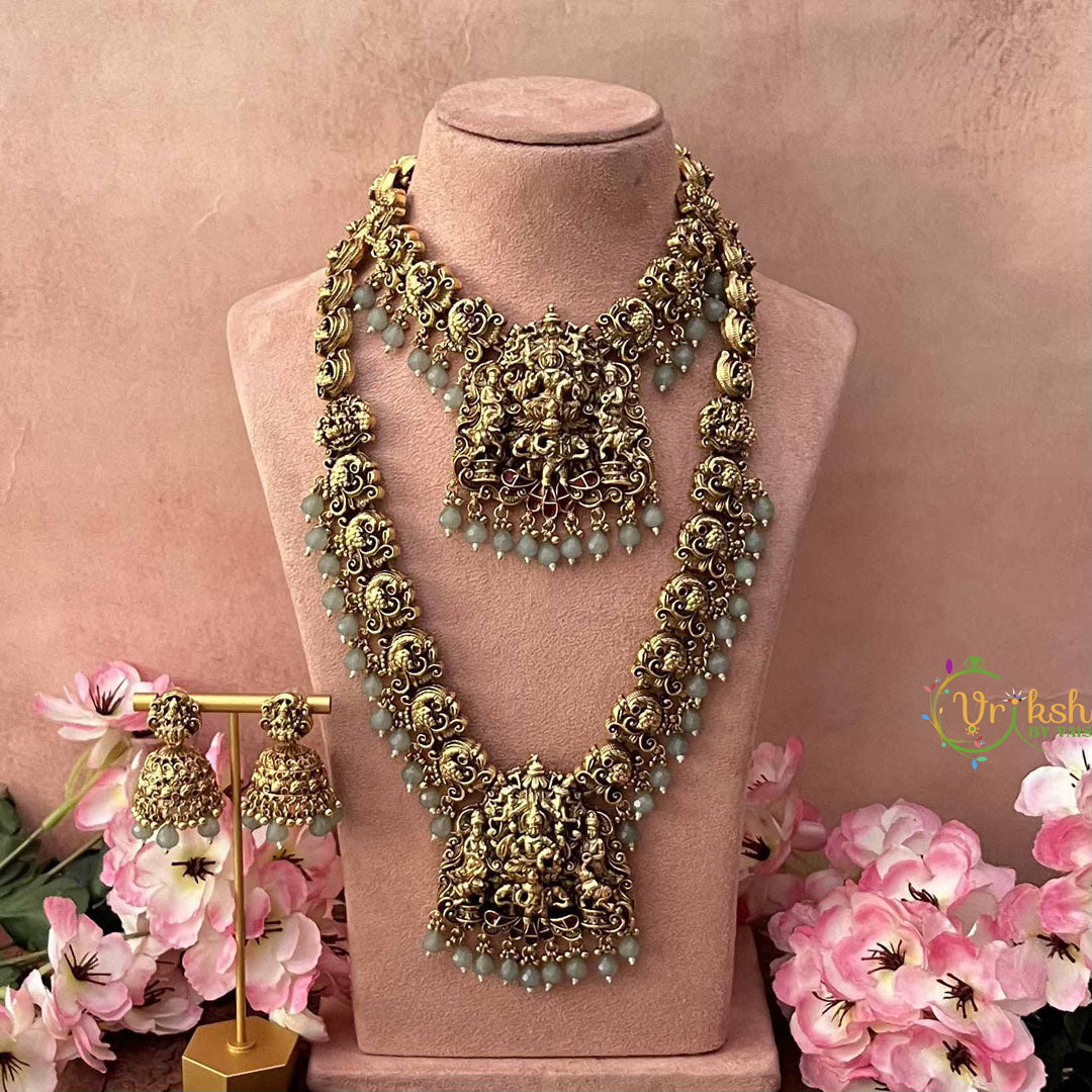 Vriksham Royal Lakshmi Temple Antique Gold Finish Bridal Set-Aqua Green Bead-G21044