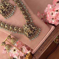 Vriksham Royal Lakshmi Temple Antique Gold Finish Bridal Set-Aqua Green Bead-G21044