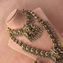 Vriksham Royal Lakshmi Temple Antique Gold Finish Bridal Set-Aqua Green Bead-G21044