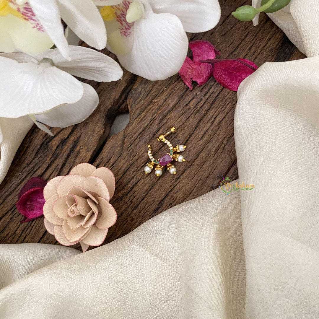 Vriksham Exquisite Golden Naths/Nose pin-Red White & Green-G17491