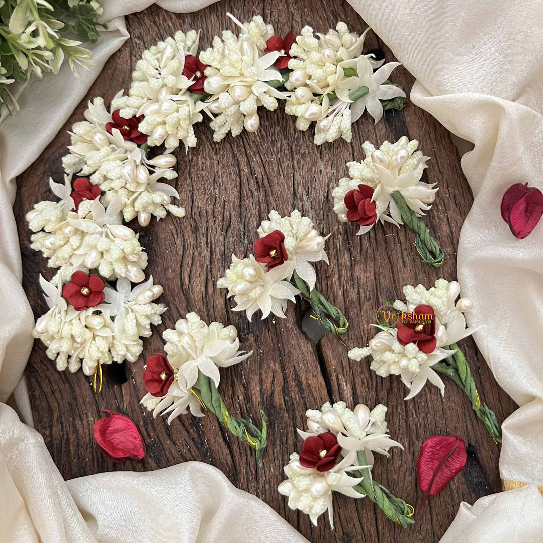 Vriksham Handmade Pearl Bead Ivory & Maroon Artificial Jasmine Gajra Flower Accessories-H1193