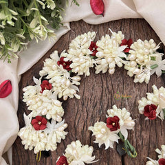 Vriksham Handmade Pearl Bead Ivory & Maroon Artificial Jasmine Gajra Flower Accessories-H1193