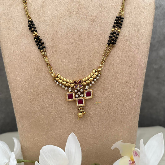 Red White AD Stone Pendant Mangalsutra Chain-Square-G13264