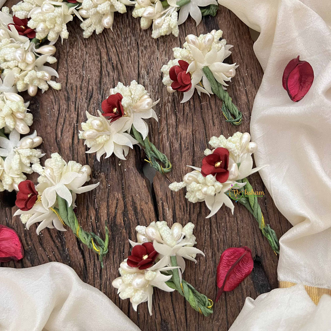 Vriksham Handmade Pearl Bead Ivory & Maroon Artificial Jasmine Gajra Flower Accessories-H1193