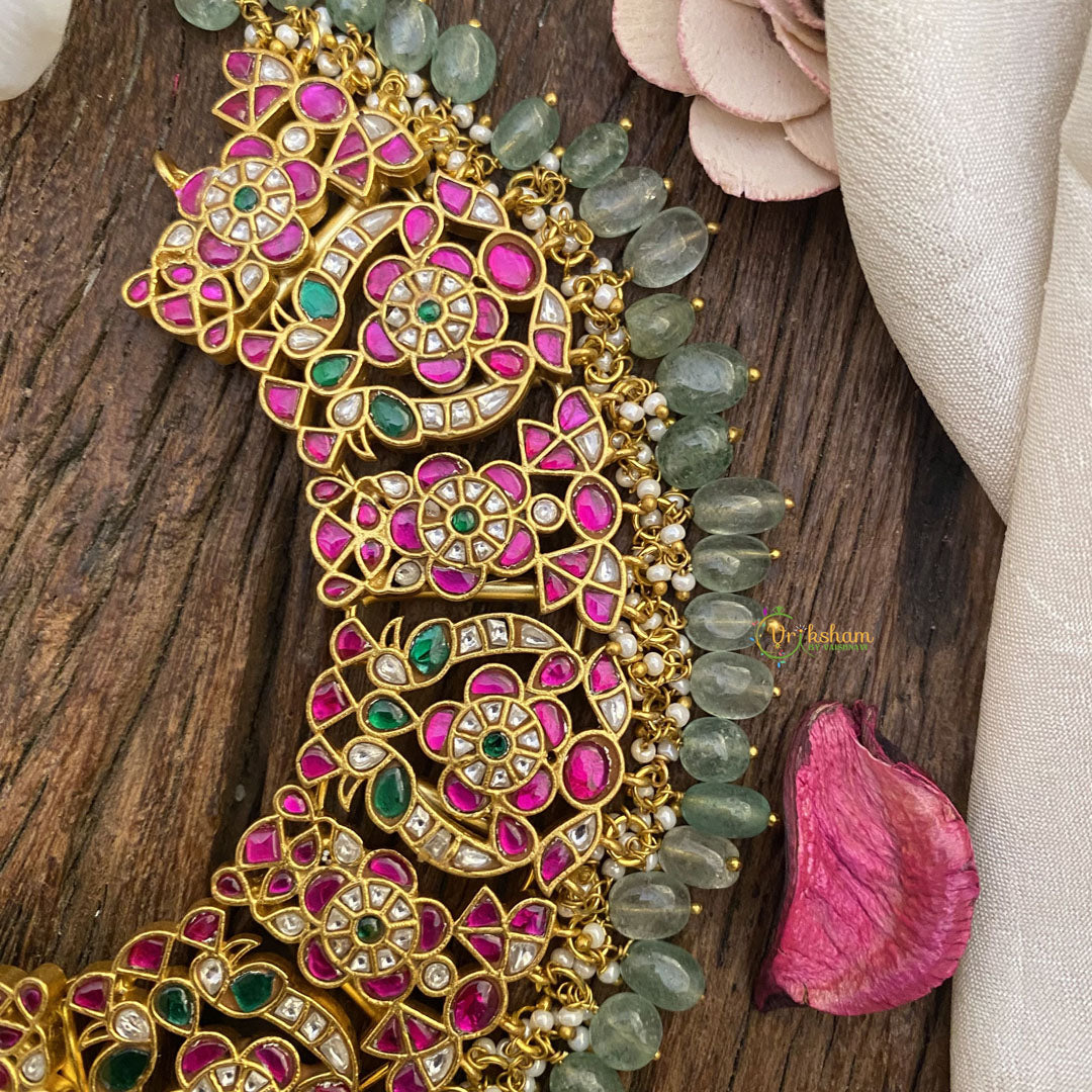 Vriksham Exquisite Dual Peacock Jadau Neckpiece-Pastel Green Bead-J2696