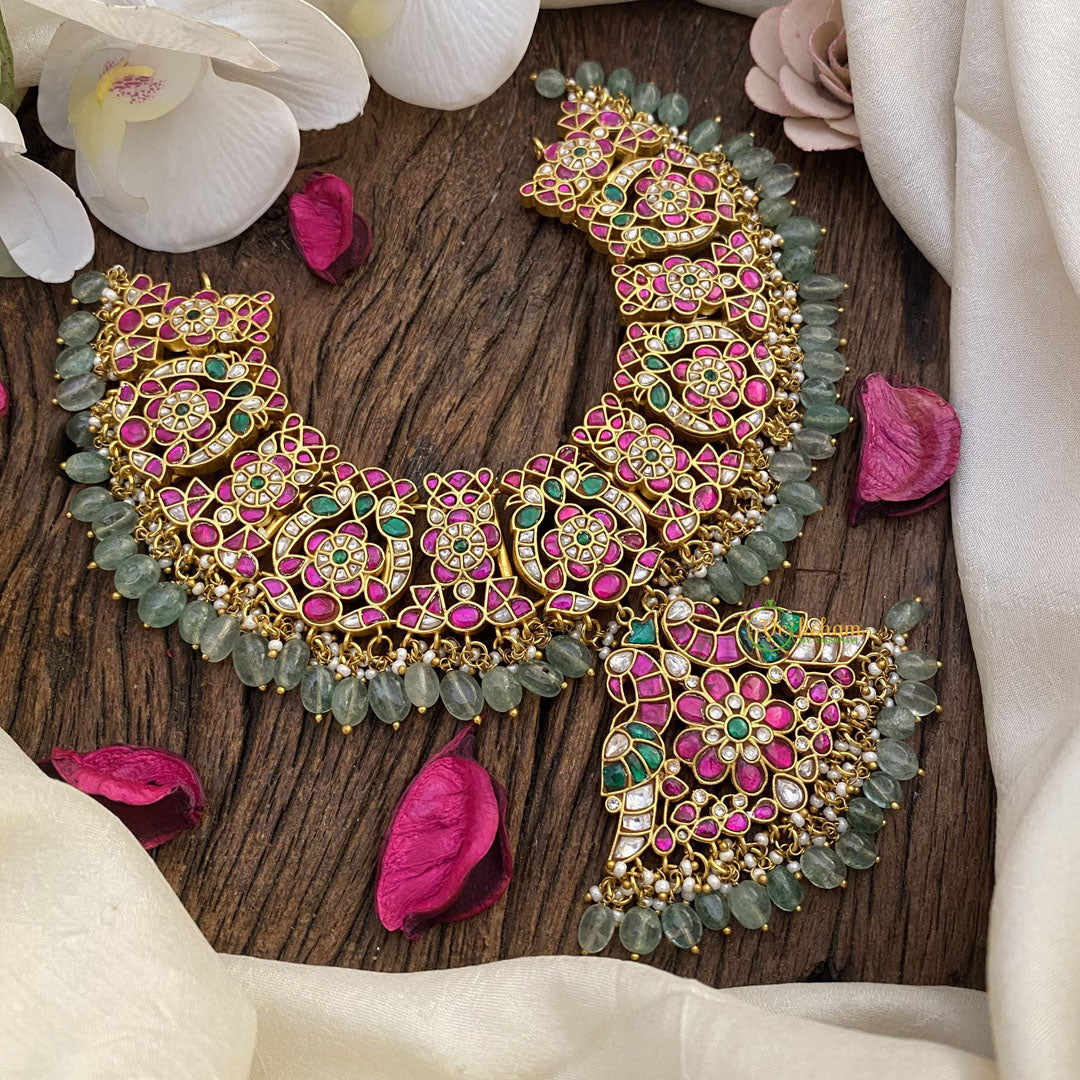 Vriksham Exquisite Dual Peacock Jadau Neckpiece-Pastel Green Bead-J2696