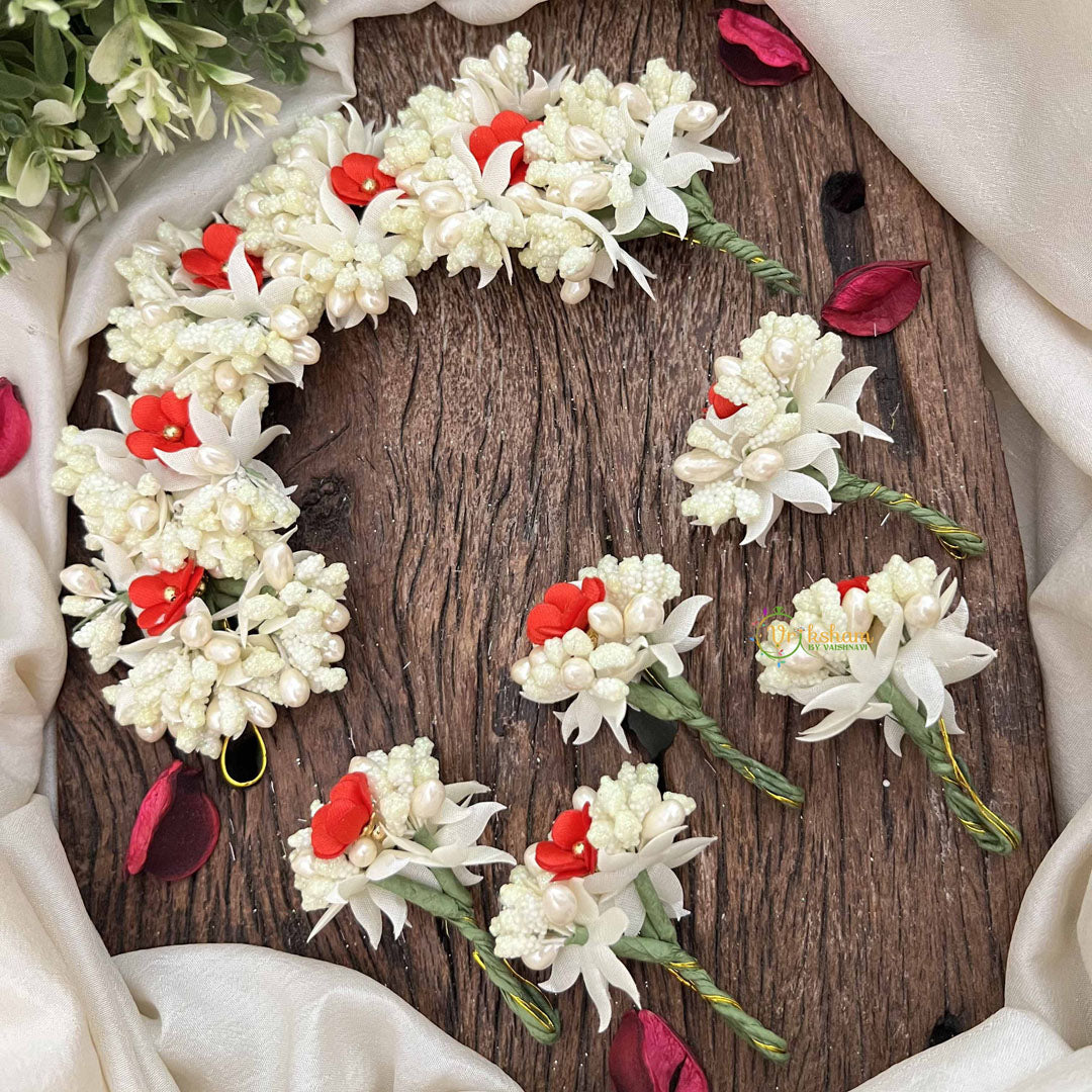 Vriksham Handmade Pearl Bead Ivory & Red Artificial Jasmine Gajra Flower Accessories-H1191