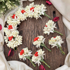 Vriksham Handmade Pearl Bead Ivory & Red Artificial Jasmine Gajra Flower Accessories-H1191