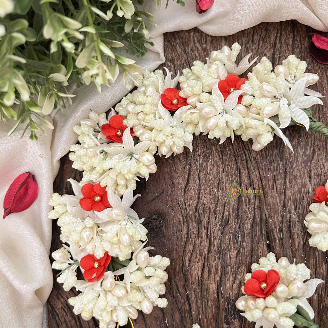 Vriksham Handmade Pearl Bead Ivory & Red Artificial Jasmine Gajra Flower Accessories-H1191