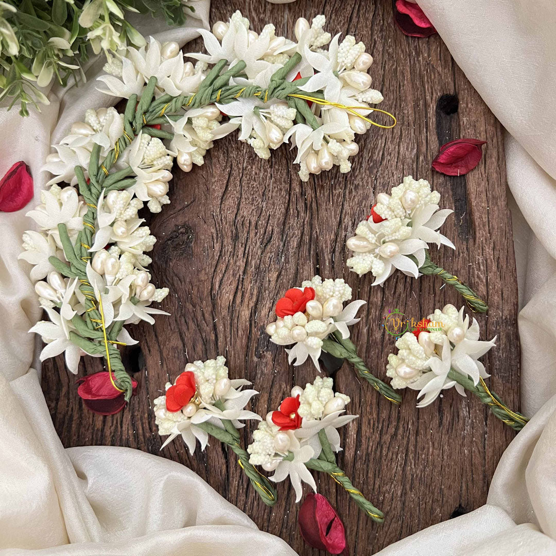 Vriksham Handmade Pearl Bead Ivory & Red Artificial Jasmine Gajra Flower Accessories-H1191