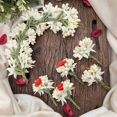 Vriksham Handmade Pearl Bead Ivory & Red Artificial Jasmine Gajra Flower Accessories-H1191