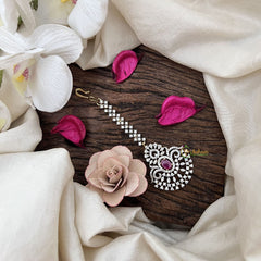 Vriksham Designer Peacock Style AD Stone Maang Tikka-Red-G19497