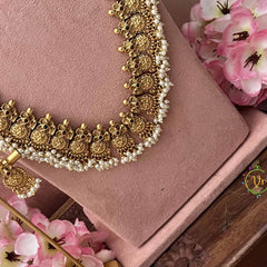 Vriksham Elegnat Kasu Choker Antique Gold Finish Guttapusalu Bridal Set-Red Green-Pearls-G21048