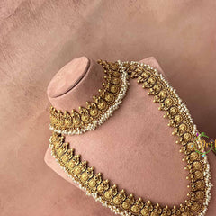 Vriksham Elegnat Kasu Choker Antique Gold Finish Guttapusalu Bridal Set-Red Green-Pearls-G21048