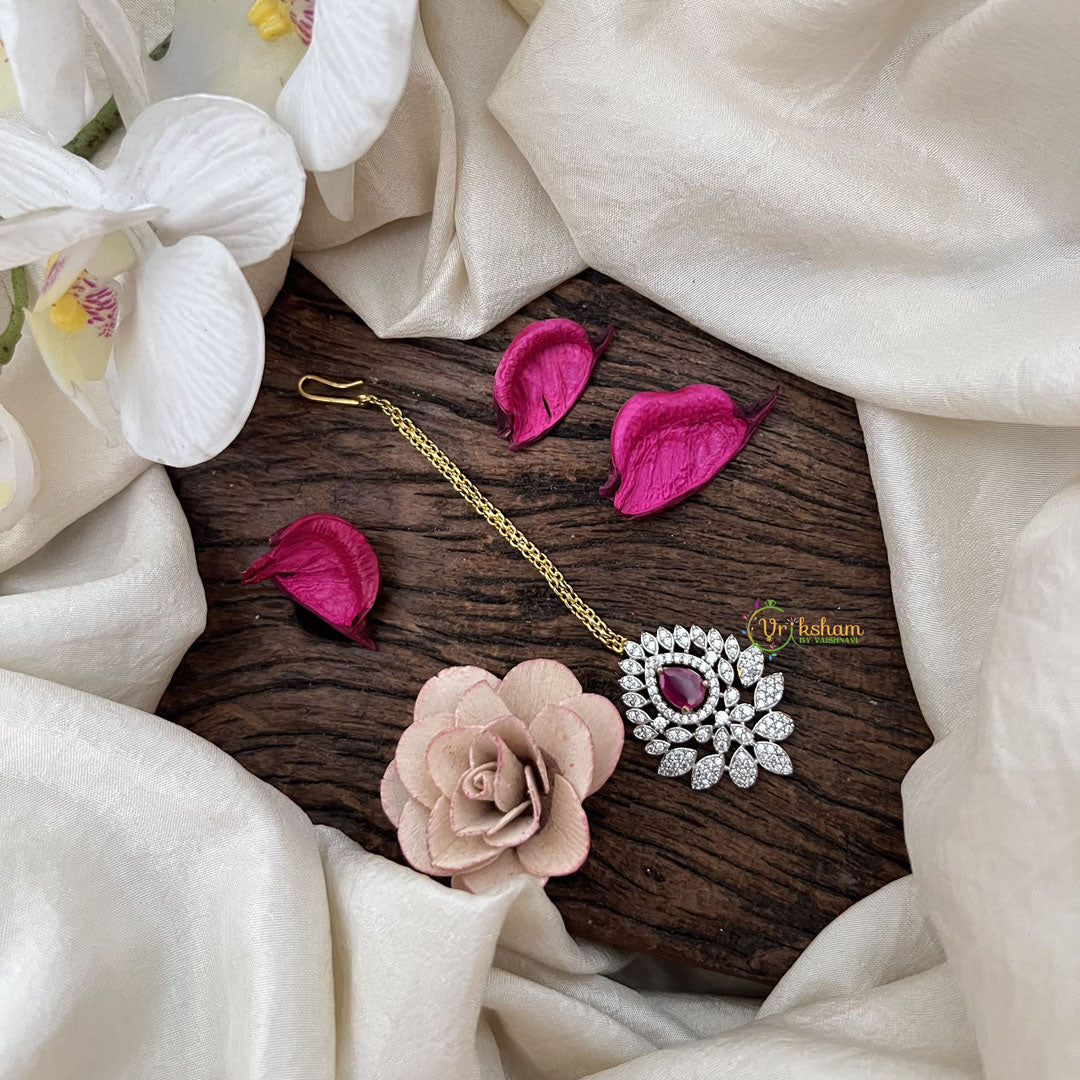 Vriksham Diya Style AD Stone Maang Tikka-Red-G19498