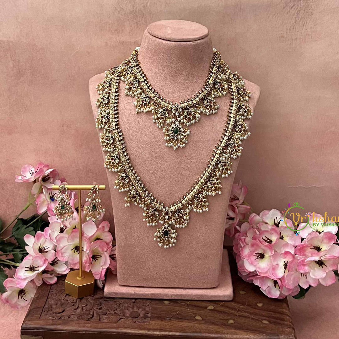 Vriksham Classic Pear Green Style Antique Gold Finish Guttapusalu Bridal Set-Red Green-Pearls-G21047