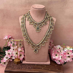 Vriksham Classic Pear Green Style Antique Gold Finish Guttapusalu Bridal Set-Red Green-Pearls-G21047