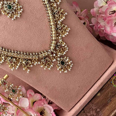 Vriksham Classic Pear Green Style Antique Gold Finish Guttapusalu Bridal Set-Red Green-Pearls-G21047