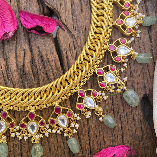 Vriksham Designer Jalebi Style Short Neckpiece-Red White-Pastel Green Bead-J2692