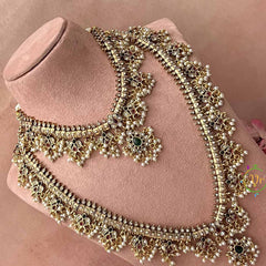 Vriksham Classic Pear Green Style Antique Gold Finish Guttapusalu Bridal Set-Red Green-Pearls-G21047