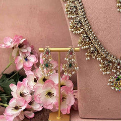 Vriksham Classic Pear Green Style Antique Gold Finish Guttapusalu Bridal Set-Red Green-Pearls-G21047