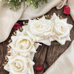 Vriksham Artificial White Rose With White Golden Accent Hair Bun Flower Accessories-H1201