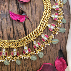 Vriksham Jalebi Style Short Neckpiece-Lotus-Red-Pastel Green Bead-J2695