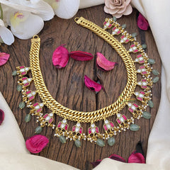 Vriksham Jalebi Style Short Neckpiece-Lotus-Red-Pastel Green Bead-J2695