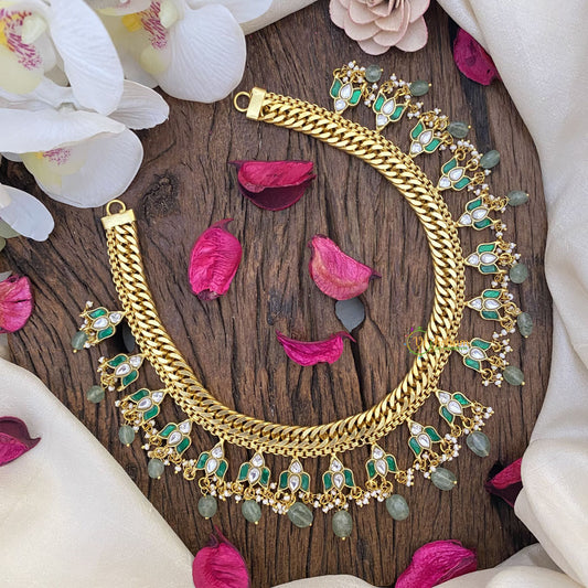 Vriksham Jalebi Style Short Neckpiece-Lotus-Green-Pastel Green Bead-J2694